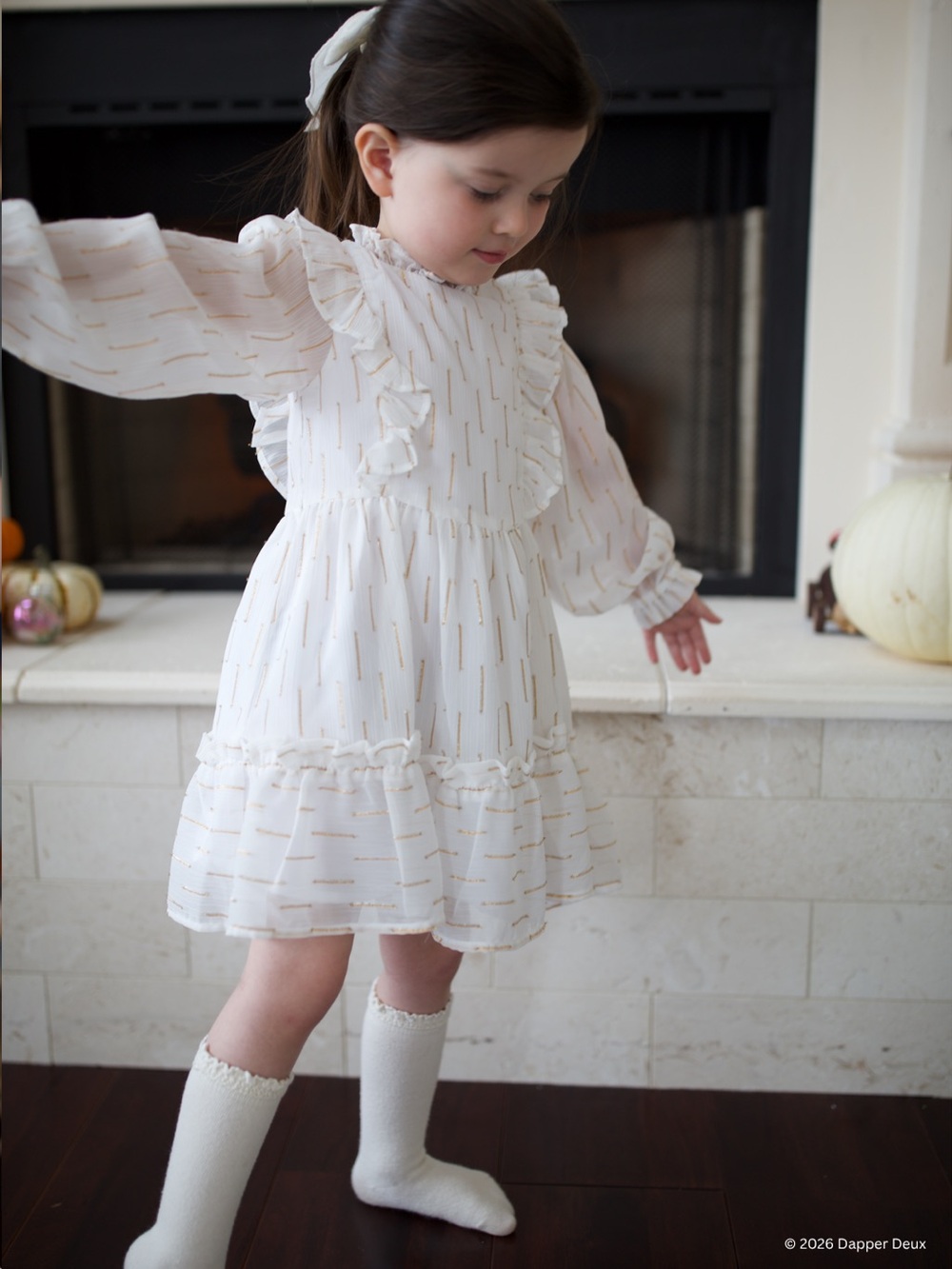 Janie and Jack | Ruffle Ivory Dress with Gold Threaded Stripes